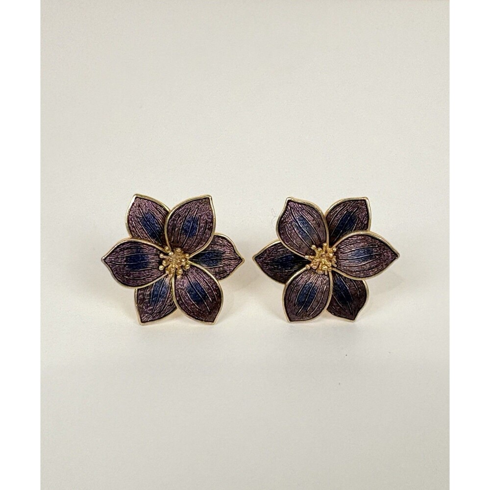 Vintage Fish Enterprises Purple Enamel Gold Tone Flower Earrings Clip On Classic